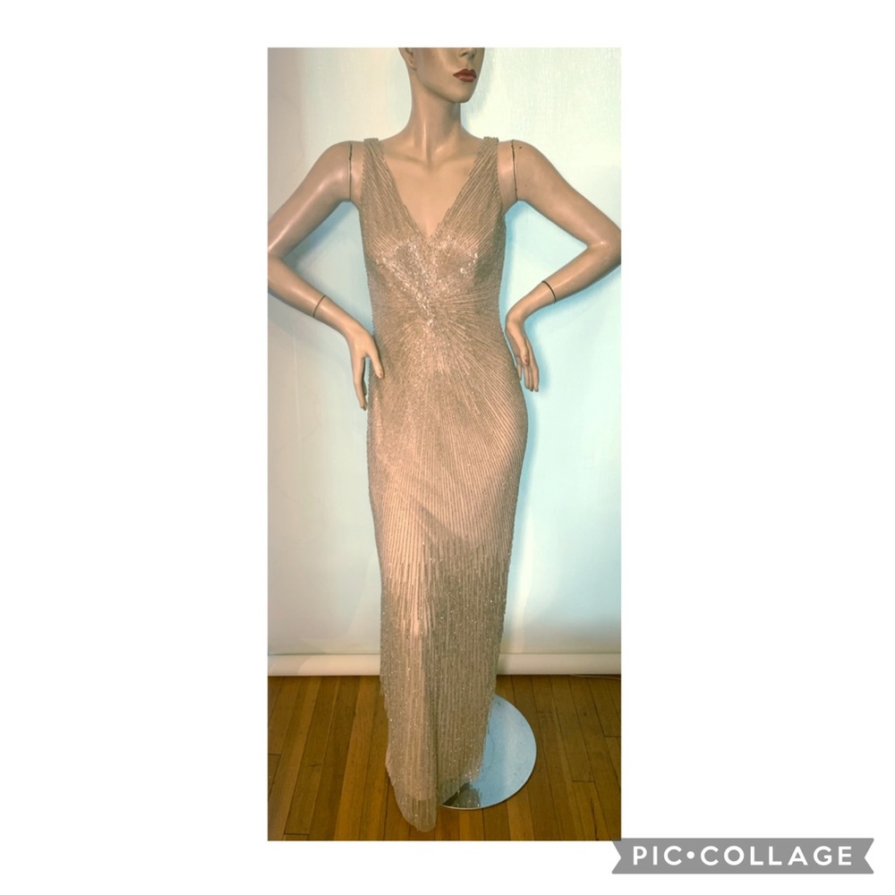 Aidan Mattox fringes V-Neckline sleeveless beaded gown dress - Picture 4 of 16